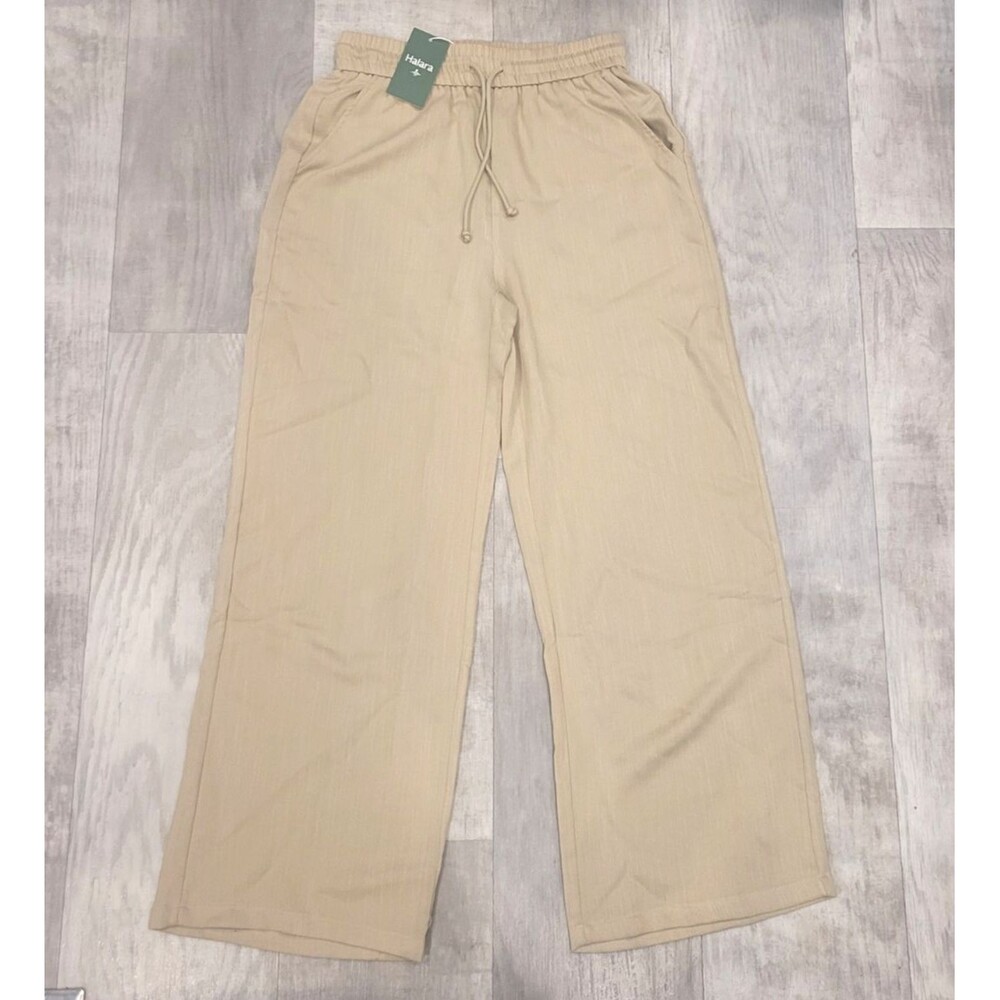 NWT Halara Wide Leg Pants Womens M Tall Beige Drawstring High Waist Flowy Pocket